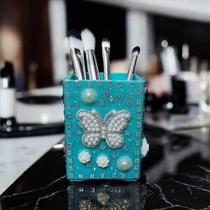 Makeup Brush Acrylic Holder Cup Organizer Aqua Fancy Custom Bling Rhinestones